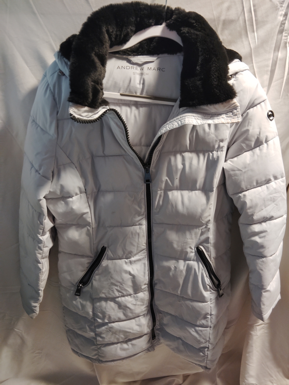 Andrew Marc Light Gray Puffer Coat with Black Faux Fur Collar